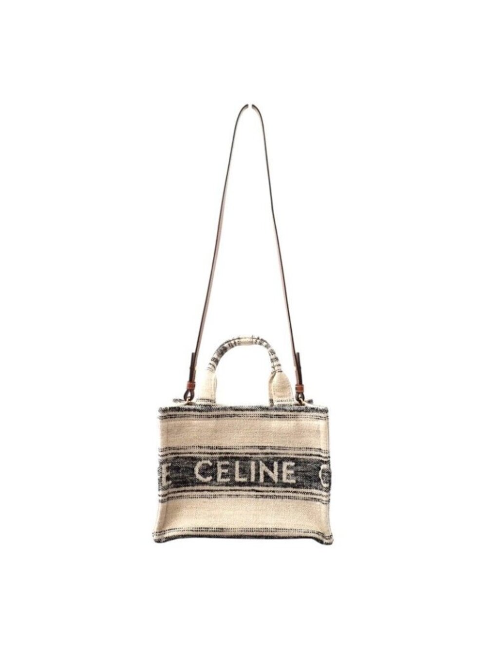 Celine Small Cabas Thais Jacquard Shoulder Bag Tote Cotton Calfskin White Navy - Picture 7 of 14